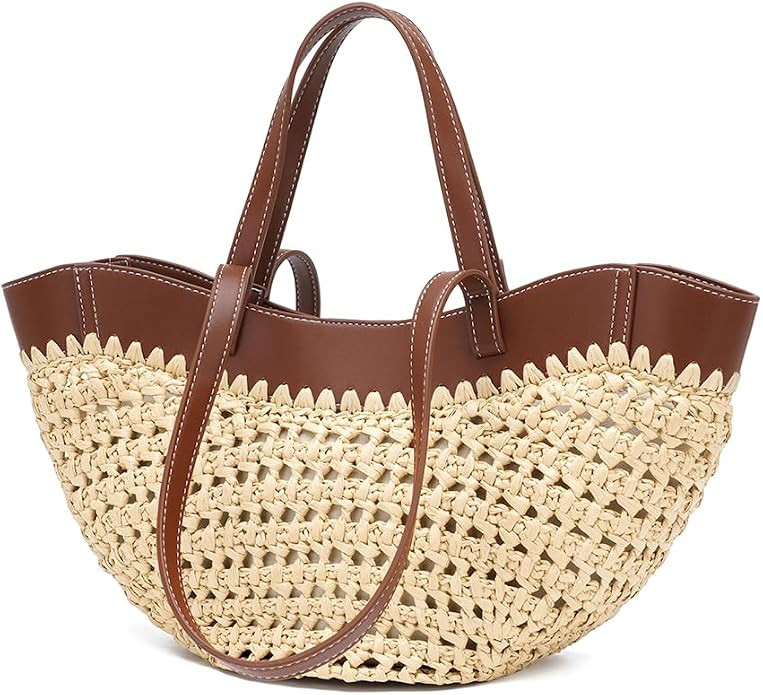 Straw Tote Bag for Women, Woven Summer Beach Bag with Leather Trim & Double Straps, Handmade Mesh... | Amazon (CA)