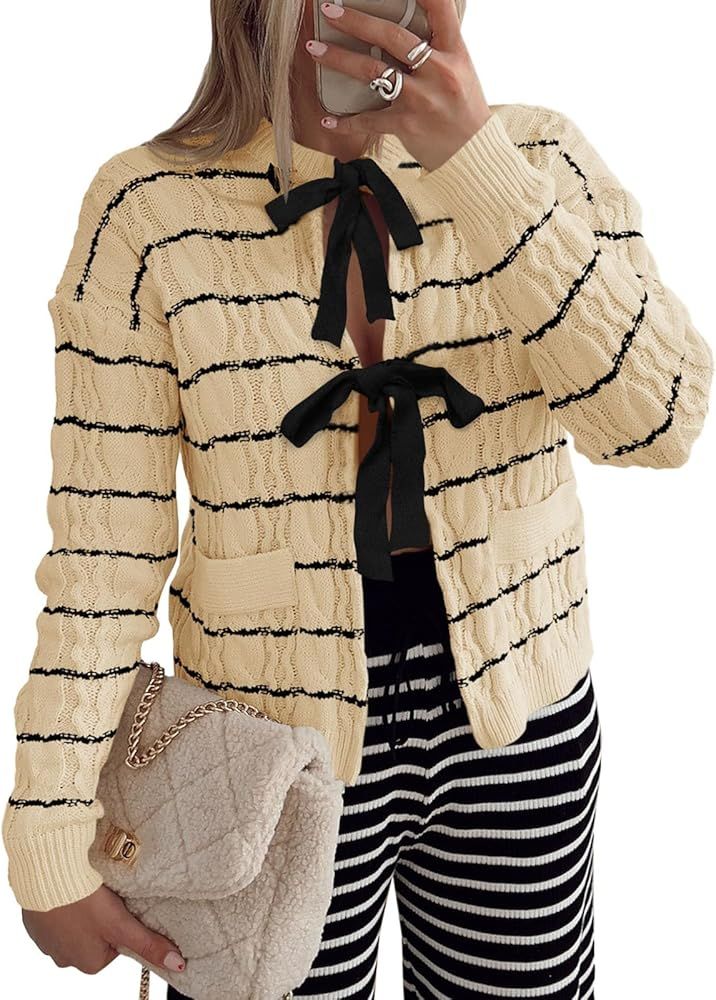 Saodimallsu Womens Striped Tie Front Cardigan Sweaters Crew Neck Long Sleeve Cable Knit Bow Knot ... | Amazon (US)