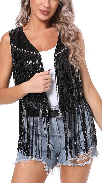 FEOYA Sequin Fringe Vest Jackets for Women Sparkly Shiny Glitter Tops Cowgirl Disco Shirt Tassel ... | Amazon (US)