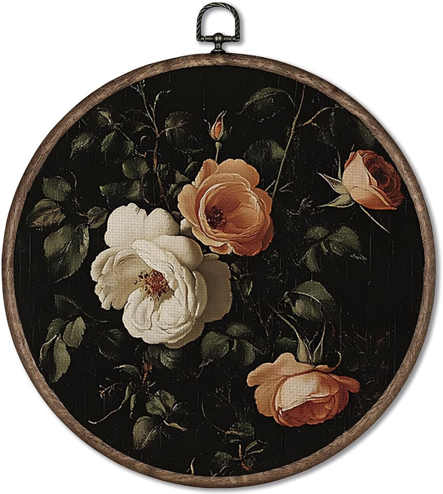 GWFSJYU Vintage Rose Floral Framed Wall Art Decor, Dark Moody Rose Flower Round Canvas Prints Wal... | Amazon (US)
