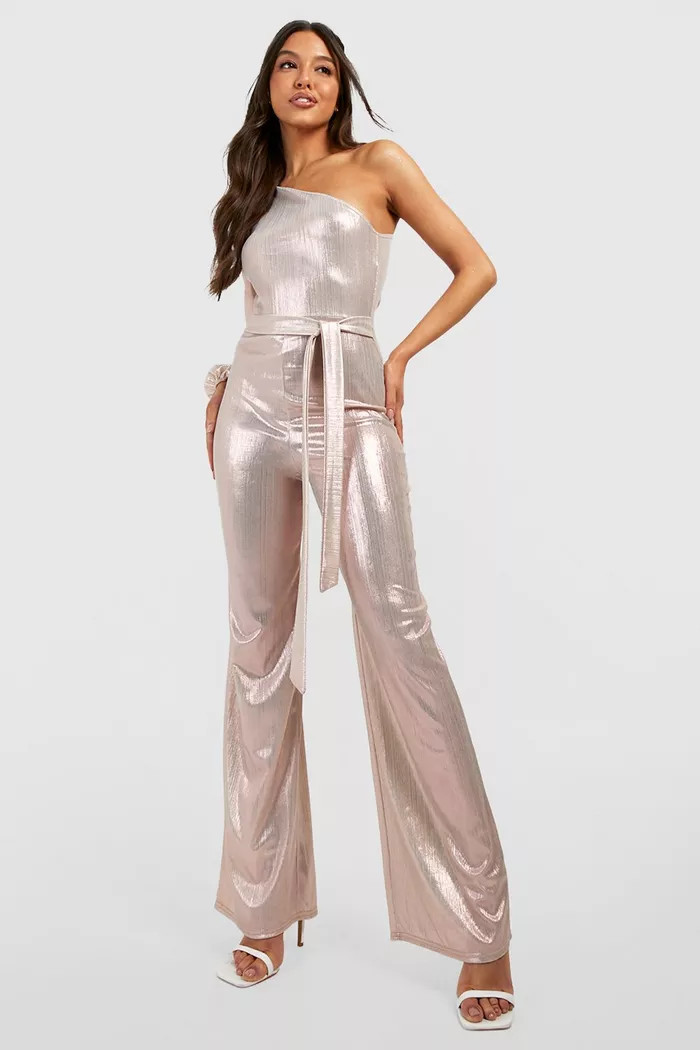 Textured Foil One Shoulder Wide Leg Jumpsuit | Boohoo.com (US & CA)