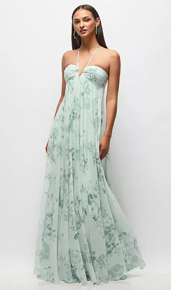 Empire Waist Floral Chiffon Halter Maxi Dress with Convertible Spaghetti Straps in Mint Green Flo... | Dessy Group