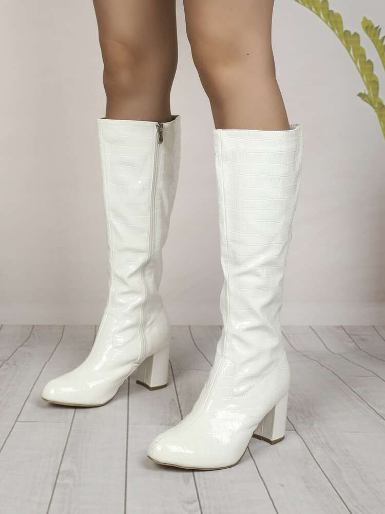 Side Zip Crocodile Embossed Chunky Heeled Classic Boots | SHEIN