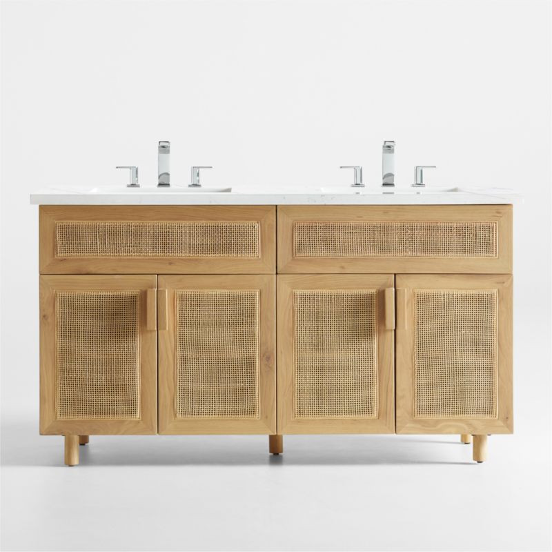 Eli 60" White Marble Top Double Sink Vanity with Cane and Natural Oak Wood Doors | Crate & Barrel | Crate & Barrel