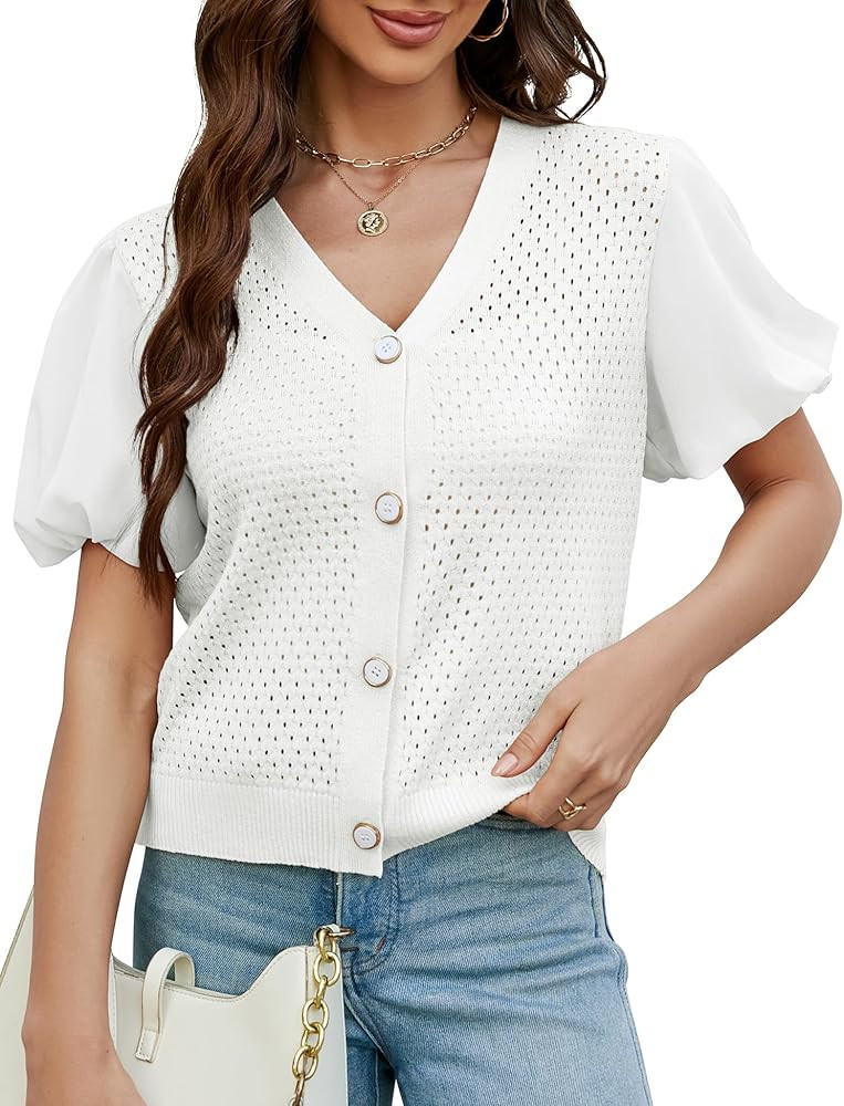 BBX Lephsnt Womens Short Sleeve Cardigan 2024 Trendy V Neck Hollow Out Cropped Cardigan Puff Slee... | Amazon (US)