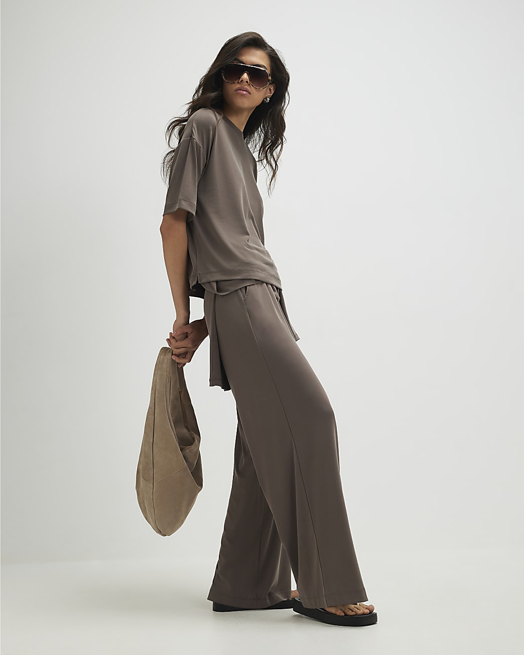 Brown Soft Touch Wide Leg Trousers | River Island UK & IE