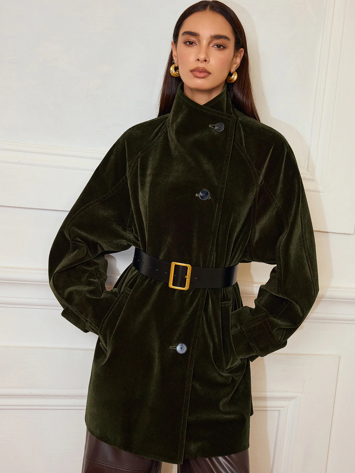 Pocketed Velvet Coat without Belt | Commense