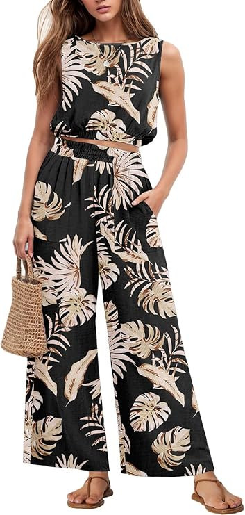 GRECERELLE Two Piece Sets for Women Sleeveless Crop Top Wide Leg Pants Sweat Set for Women Tracks... | Amazon (US)