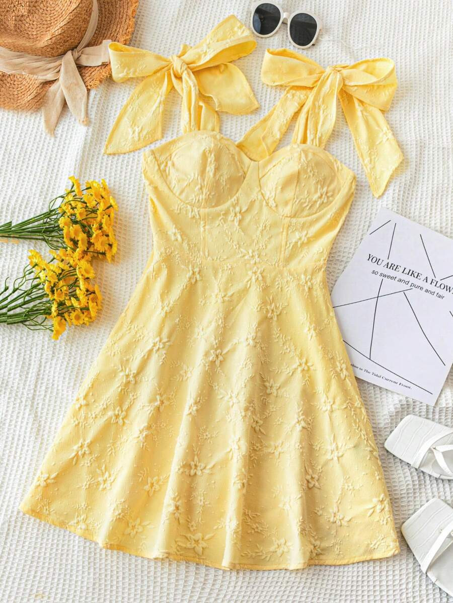 SHEIN WYWH Women's Vacation Style Spaghetti Strap Bow Tie Decor Pleated Textured Mini Floral Dres... | SHEIN