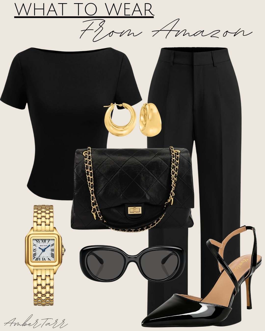A timeless all-black outfit styled with a structured black top, tailored black trousers, sleek pointed-toe heels, and a quilted chain shoulder bag. Finished with bold gold hoop earrings, oversized black sunglasses, and a gold watch for a polished, elevated look.This outfit is perfect for workwear, date night, dinners, events, or anytime you want a chic black outfit that feels modern and sophisticated. The tailored black pants create a long, flattering silhouette, while the minimalist black top keeps the look clean and versatile. Gold accessories add contrast and elevate the entire outfit, making it feel expensive and put-together.If you’re looking for a classic black outfit, elevated everyday style, or a polished capsule wardrobe look, this is an easy go-to combination that works year-round.

#LTKOver40 #LTKootd #LTKWorkwear