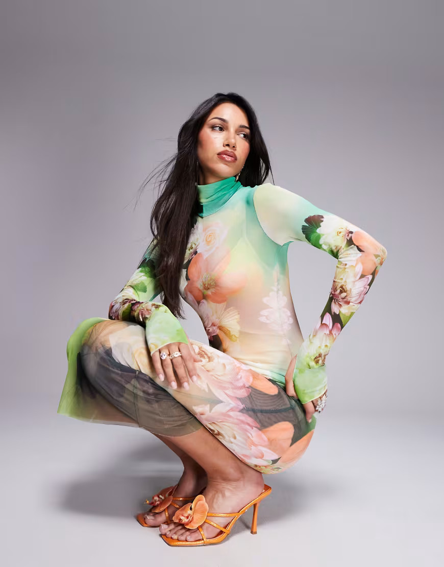 AFRM long sleeve turtleneck midi dress in green floral | ASOS (Global)