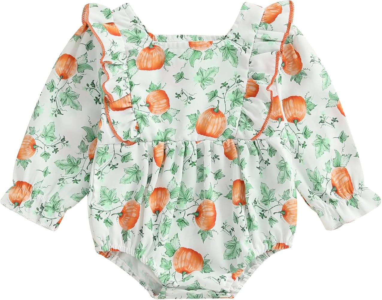 Baby Toddler Girl Romper Long Sleeve Square Neck Bow Pumpkin Print Bodysuit Little Girl Outfit | Amazon (US)