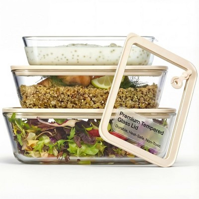 Kook Glass Storage Container Set, with Lids, Rectangular, Clear/Sand, Set of 3, (23.6/50.3/80 oz) | Target