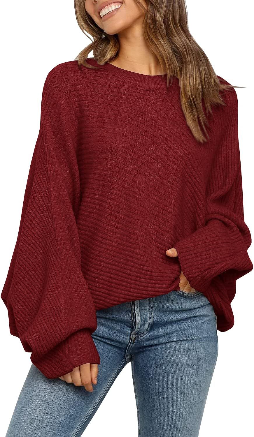 Mafulus Women's Oversized Crewneck Sweater Batwing Puff Long Sleeve Cable Slouchy Pullover Jum... | Amazon (US)
