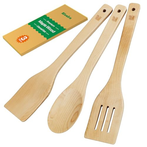 Riveira Maple Wooden Spoons for Cooking Set of 3 – Natural Maple Wooden Cooking Utensils, Wooden Spatula, Wooden Spoon - Premium Quality Utensil Set for Non-Toxic Cooking | Amazon (US)
