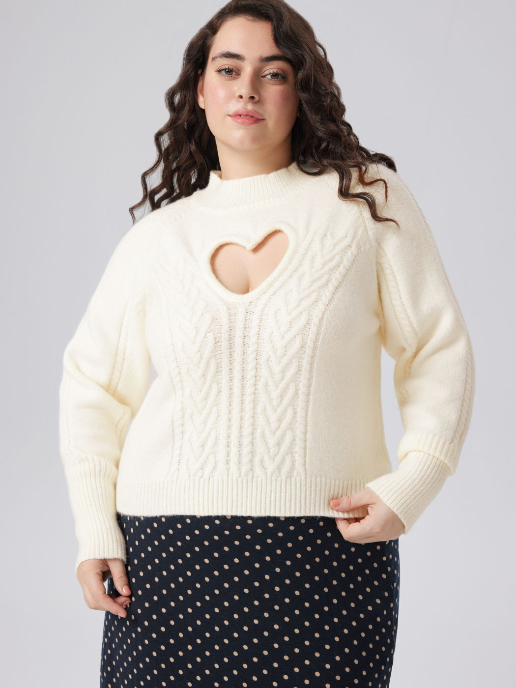 Knit Fabric Stand Collar Heart Detail Knitted Long Sleeve Top Curve & Plus For Date | Cider
