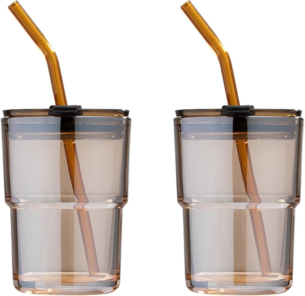 2 Pack 13oz/400ml Tumbler Water Glass, Glass Coffee Cups with Lids and Straws, Iced Tea Cups Insu... | Amazon (US)