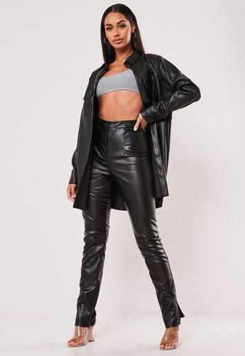 Black Co Ord Faux Leather Split Hem Pants | Missguided (US & CA)