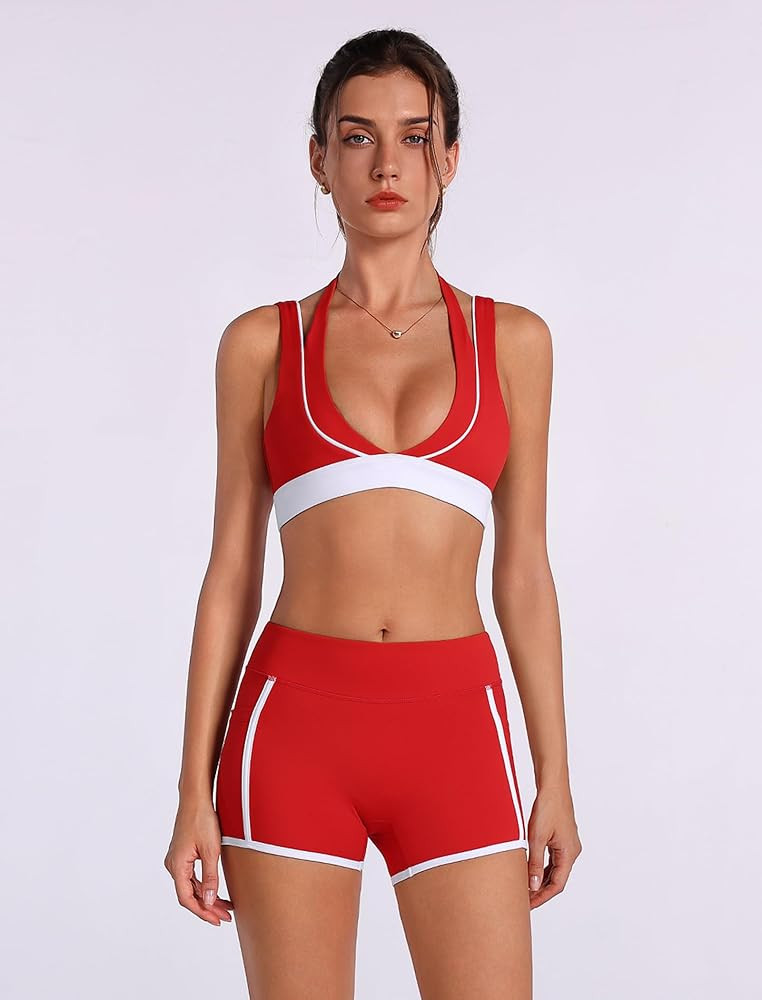 ABOCIW Womens 2 piece Workout Sets Deep V Neck Layered Sports Bra High Waist Mini Shorts with Poc... | Amazon (US)