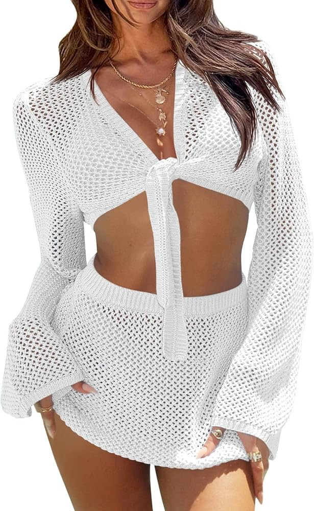 Fisoew Womens Crochet Swimsuit Coverups 2 Piece Bathing Suit Cover Up Long Sleeve Tie Front Crop ... | Amazon (US)