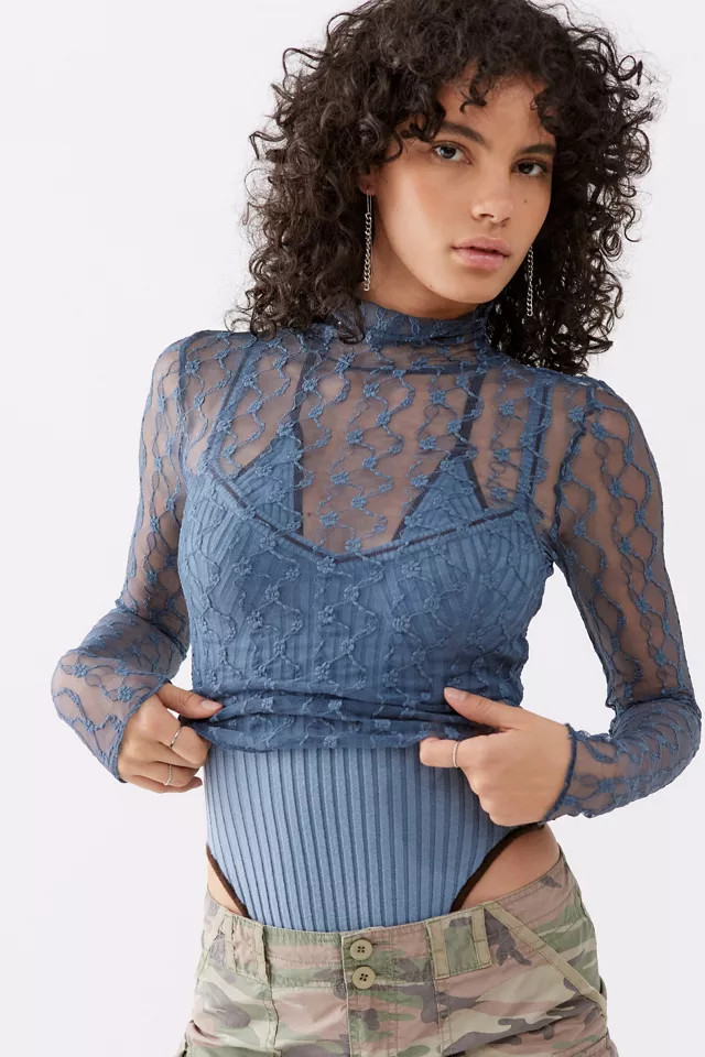 UO Tyla Sheer Lace Turtleneck Top | Urban Outfitters (US and RoW)