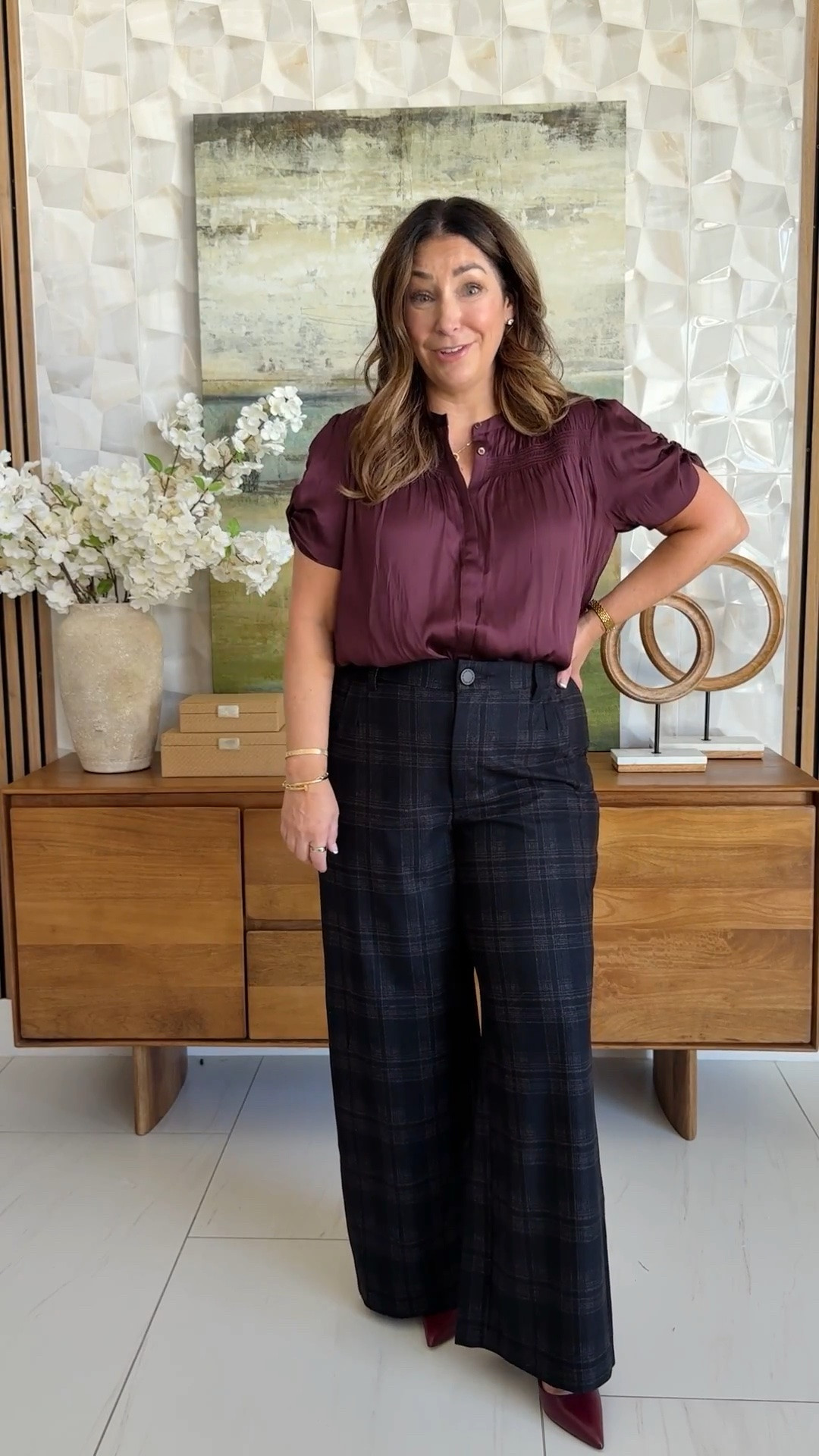The wine + plaid combo is a rich, polished teacher outfit and business casual look for cooler days. Sizing: blouse tts, L // Pants tts, 12

#LTKOver40 #LTKMidsize #LTKWorkwear