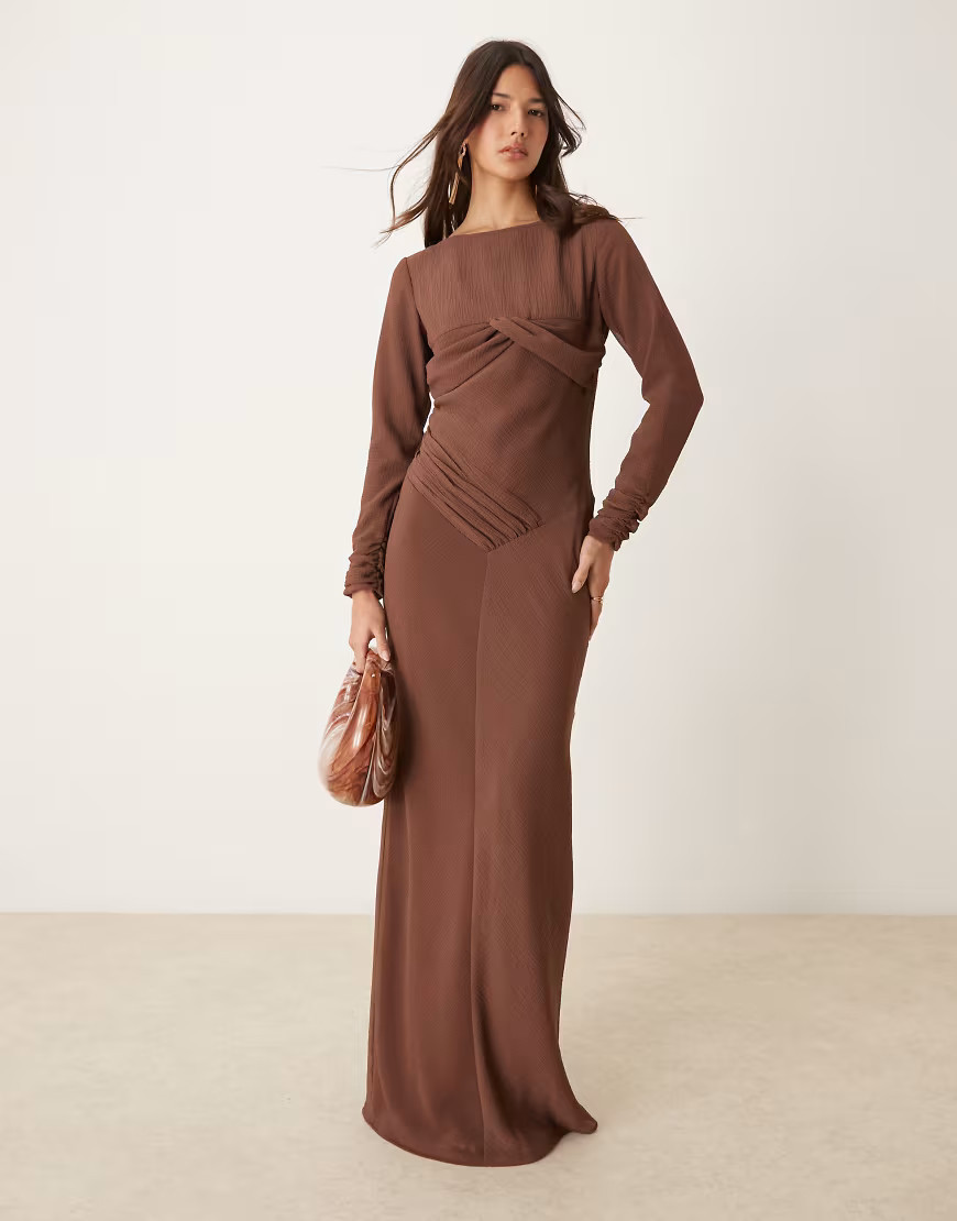 ASOS DESIGN ruched bust crinkle bias maxi dress with gathers in chocolate brown | ASOS (Global)