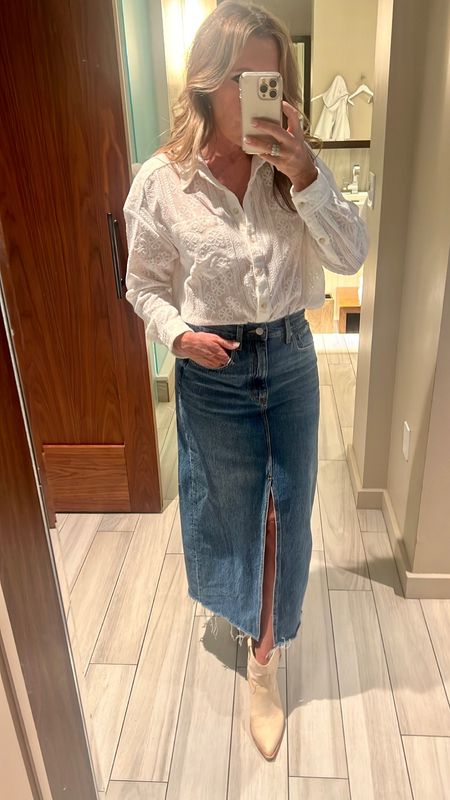 Loving this denim midi skirt!  😍 So many ways to style this!  Denim maxi skirt, white button down, country concert, western trend, outfit ideas over 40, fashion over 50, business casual, Nashville outfit, over 50 outfits , fall outfit, teacher outfit 

#LTKover40 #LTKstyletip #LTKSeasonal