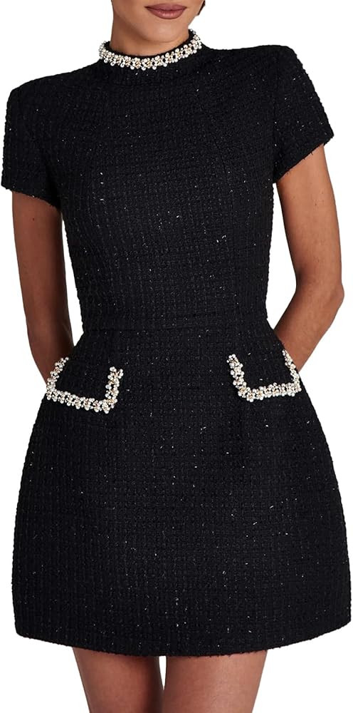 DINGANG Tweed Mini Dress for Women's 2025 A-line Short Sleeve Mock Neck Elegant Formal Dresses wi... | Amazon (US)