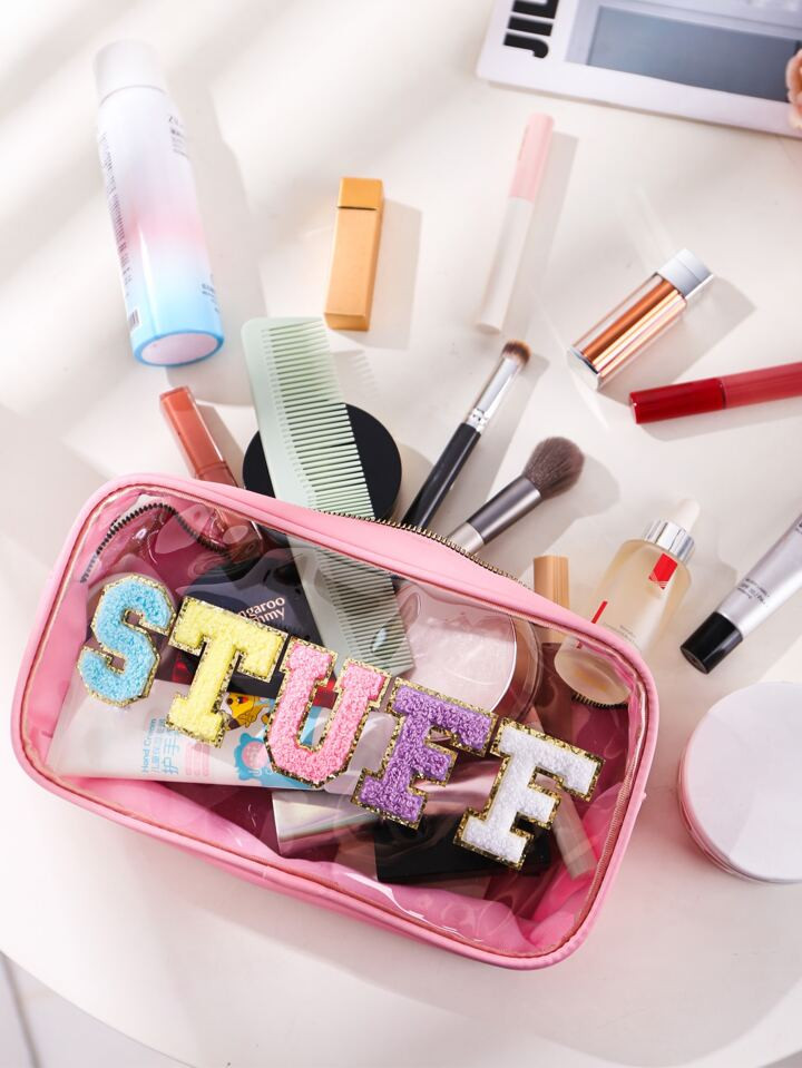 Chenille Stuff Letter Transparent Clear Preppy Patch Travel Makeup Bag, 1Pc Lightweight Multifunc... | SHEIN