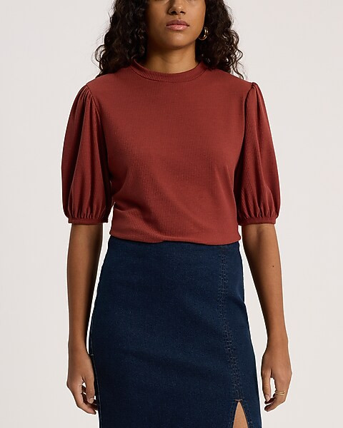 Ribbed Crew Neck Puff Sleeve Tee | Express