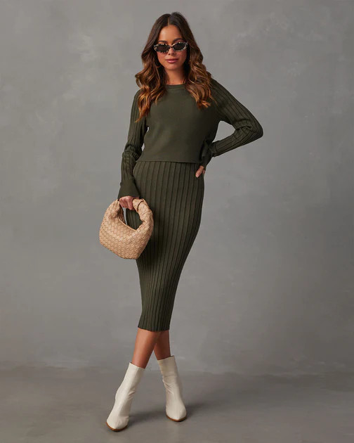 Full Of Surprises Ribbed Knit Midi Dress - Dark Olive | VICI