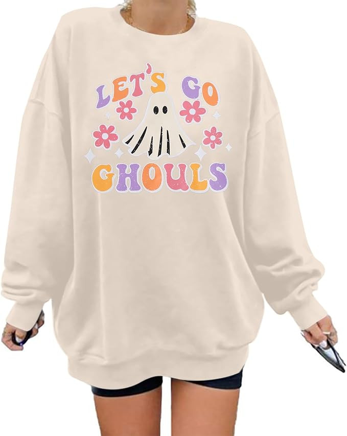 VILOVE Womens Halloween Ghost Sweatshirt: Oversized Sequin Spooky Graphic Shirts Long Sleeve Crew... | Amazon (US)