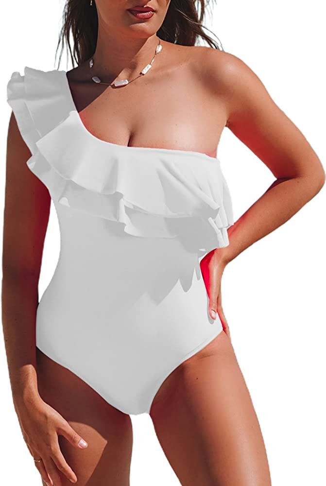 Hilinker Women's One Piece Swimsuit One Shoulder Ruffle Bathing Suit Amazon bride Swimsuit White  | Amazon (US)