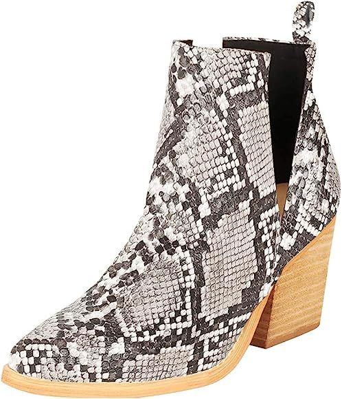 Amazon.com | Kathemoi Womens Ankle Boots Slip on Cutout Pointed Toe Snakeskin Chunky Stacked Mid ... | Amazon (US)