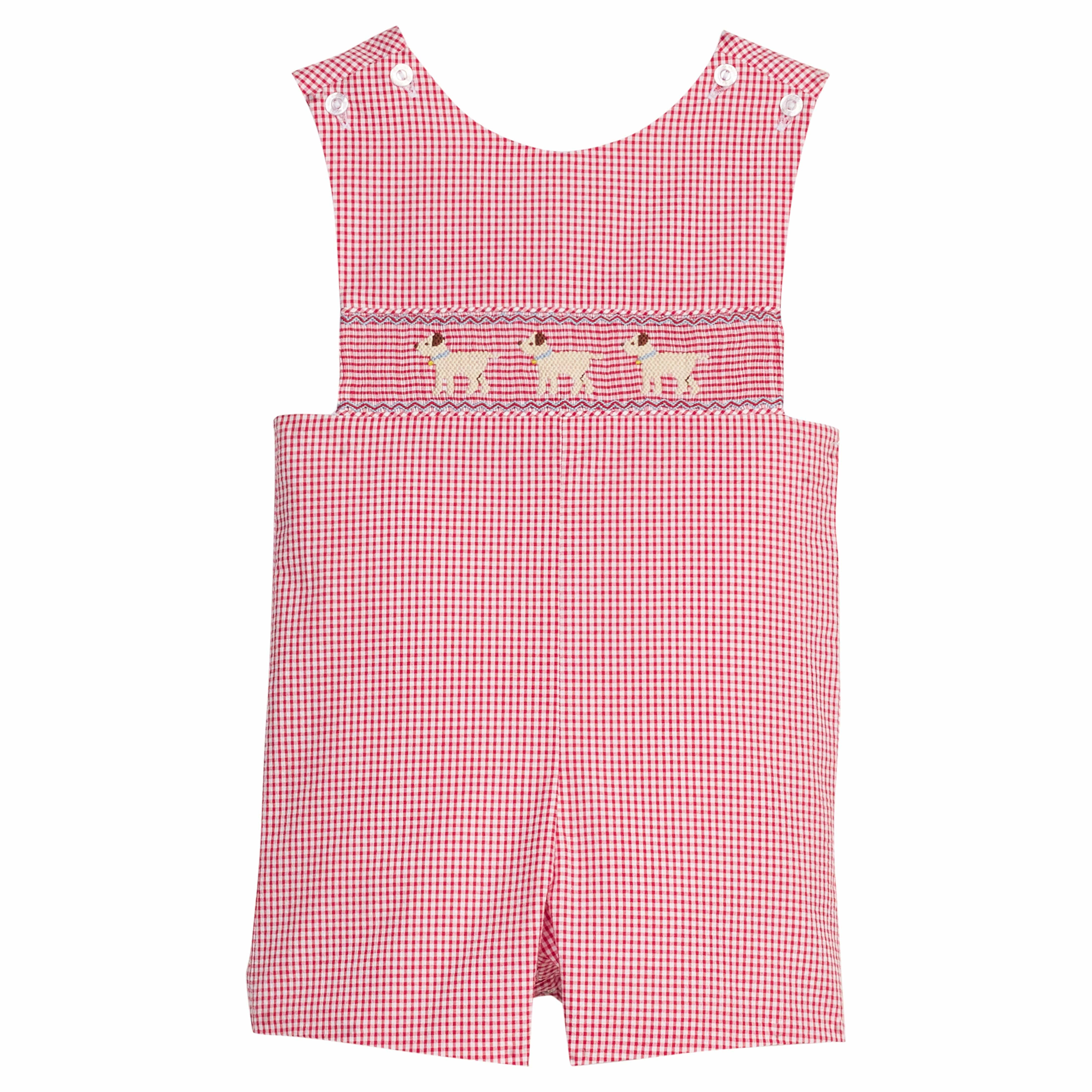 Red Seersucker Gingham Smocked Lab Shortall - Boy Romper | Little English