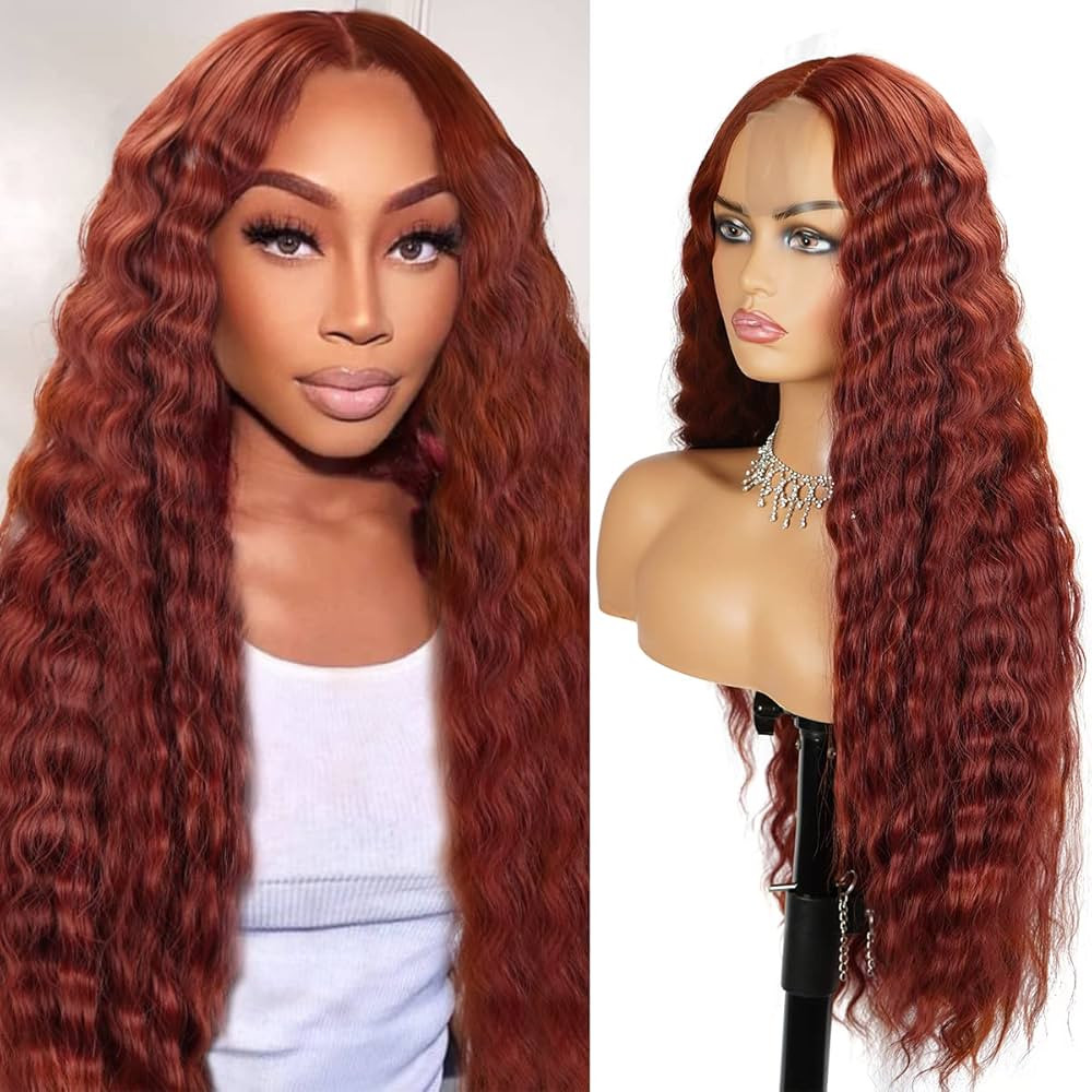 Curly Synthetic Wig for Women 32 Inch Copper Red Auburn Wig for Black Women Ginger Long Deep Wave... | Amazon (US)