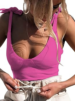 Remidoo Women's Strappy Tie up Shoulder Sleeveless Ribbed Knit Cami Crop Top | Amazon (US)
