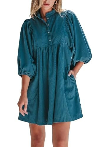 Womens Casual Dresses Corduroy Button Up Empire Waist Long Sleeve Fall Winter Mini Dress Blue L | Amazon (US)