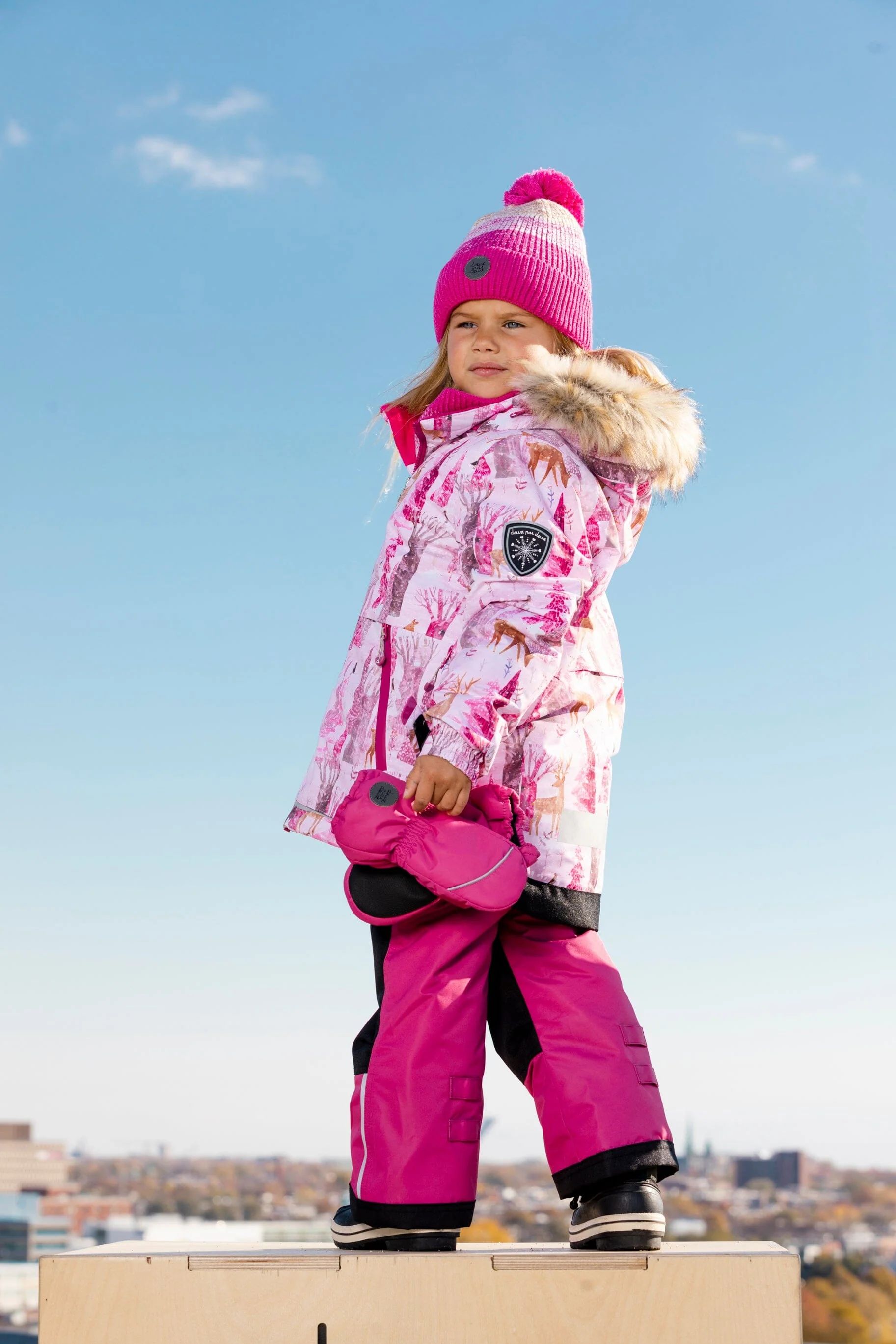 Two Piece Snowsuit Fuchsia With Snowy Forest Print | Deux par Deux Childrens Designer Clothing