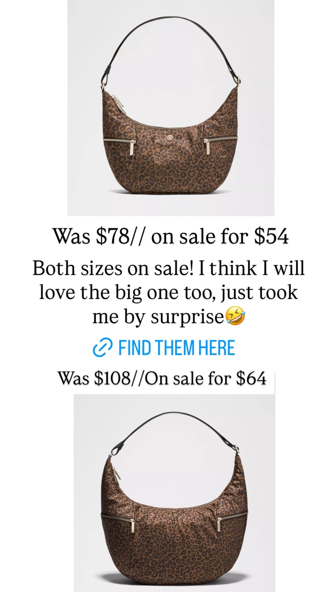 2 leopard lululemon slouchy bags on sale! I got the larger one! 
.


#LTKmomlife #LTKSaleAlert #LTKActive