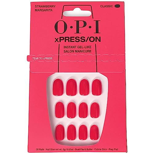 OPI xPRESS/ON Strawberry Margarita | Bright Pink Short Round Press On Nails | With Nail Glue | Long Lasting, Reusable, Non-damaging | Amazon (US)