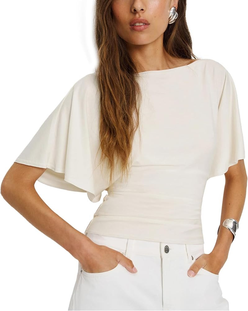 Women Cinched Waist Shirts Stretchy Dolman Sleeve Boat Neck Knit Top Trendy Streetwear Outfits Ba... | Amazon (US)