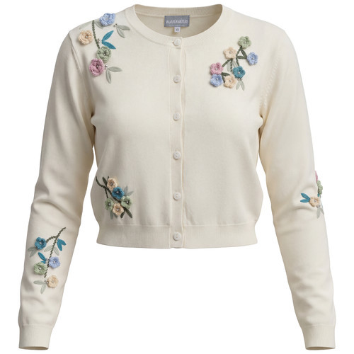 Mademoiselle Floral Embroidered Ribbed Button-Up Cropped Cardigan in Cream at Nordstrom, Size X-Large | Nordstrom