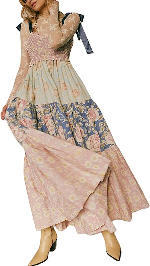 Women Summer Boho Dress Floral Printing Sleeveless Tie Shoulder Flowy Maxi Dress Y2k Beachwear Su... | Amazon (US)