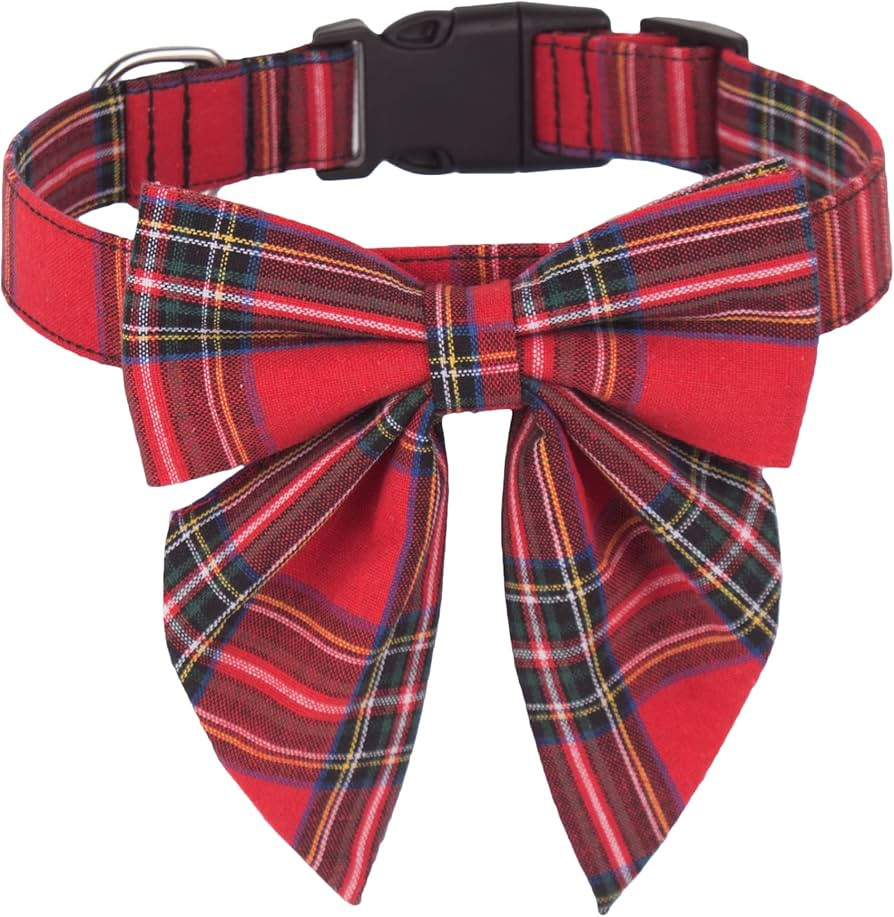 ADOGGYGO Christmas Dog Collar with Bow, Adjustable Cotton Red Plaid Bowtie Dog Christmas Collars ... | Amazon (US)