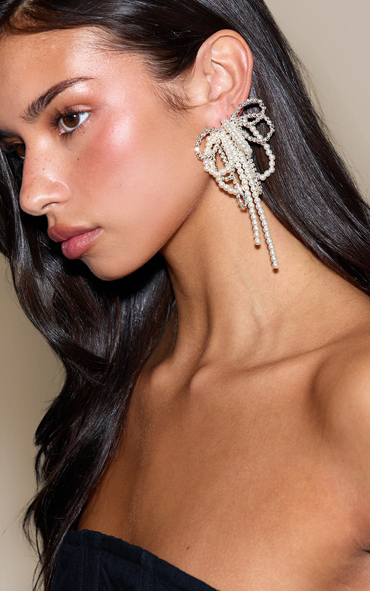 Silver Diamante Pearl Bow Statement Earrings | Accessories | PrettyLittleThing US