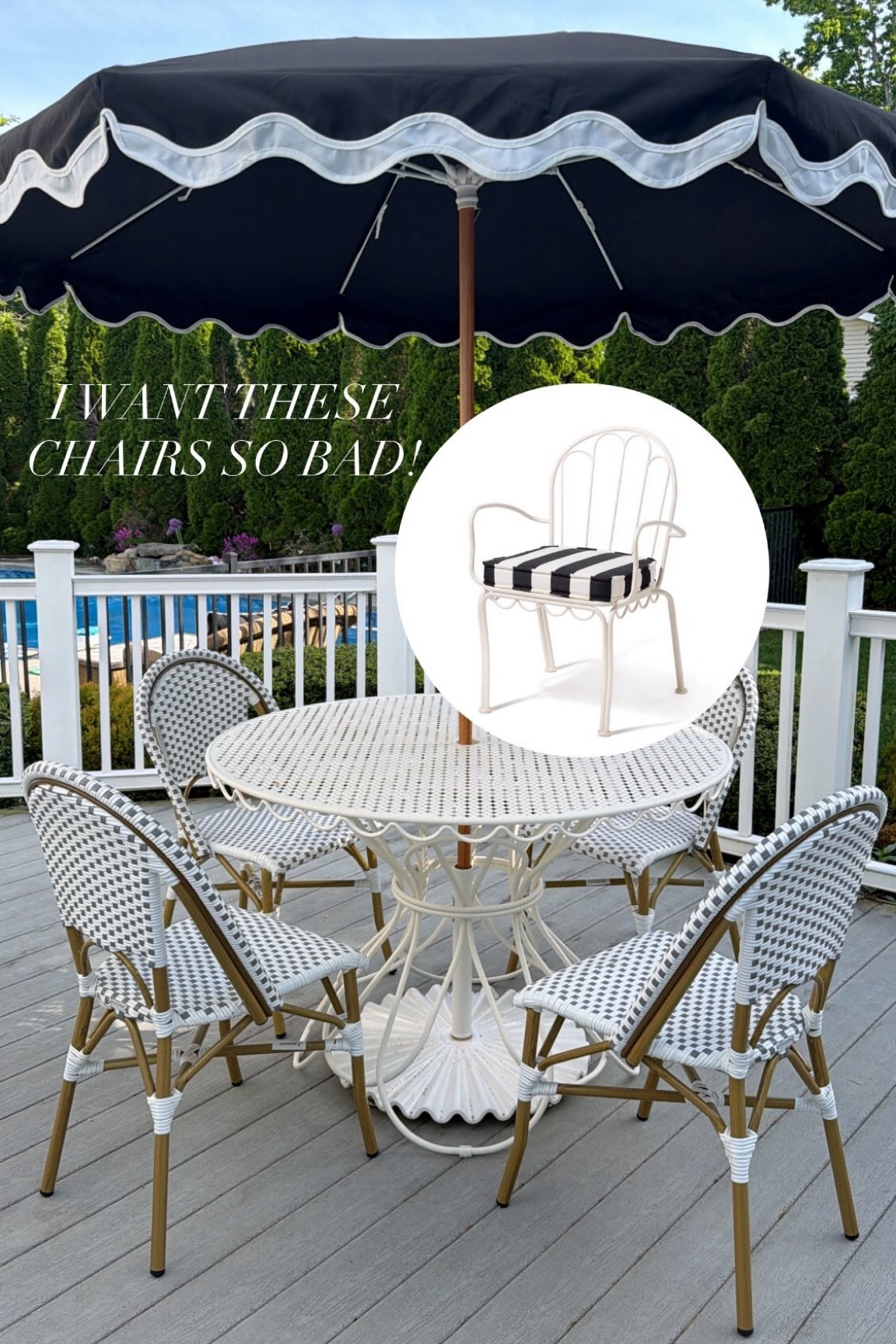 Outdoor patio table, dining room, chairs, umbrella, summer, white, black, French, modern, coastal.

#LTKHome #LTKSaleAlert