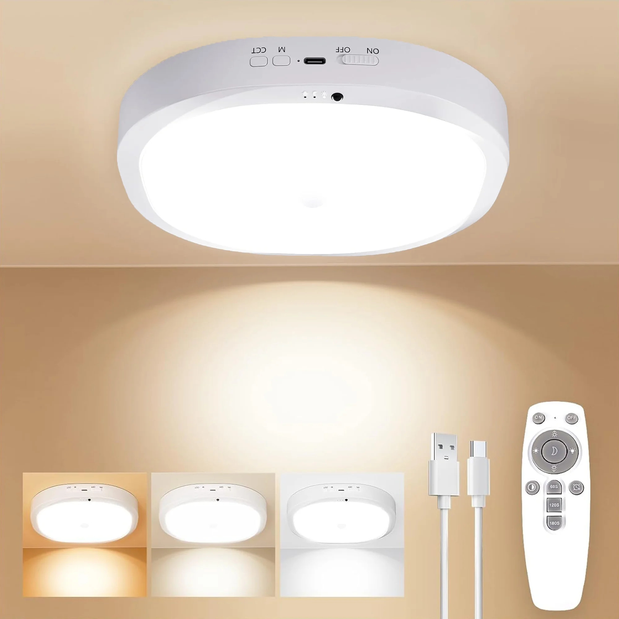 Ceiling Light Battery Operated, Motion Sensor LED Lights with 8000mAh Battery, 3 Color Temperatur... | Walmart (US)