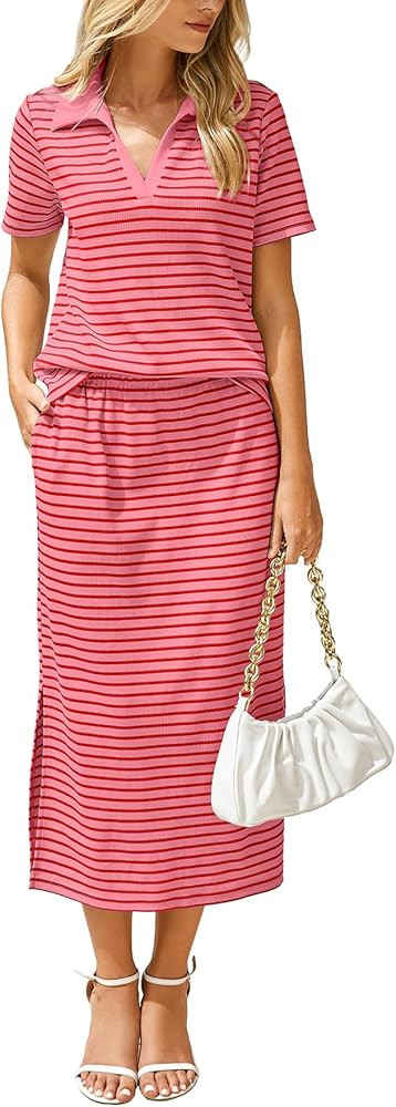 Glamaker Womens Skirt Sets 2 Piece Outfits 2025 Summer Casual Striped Short Sleeve Skirt And Top ... | Amazon (US)